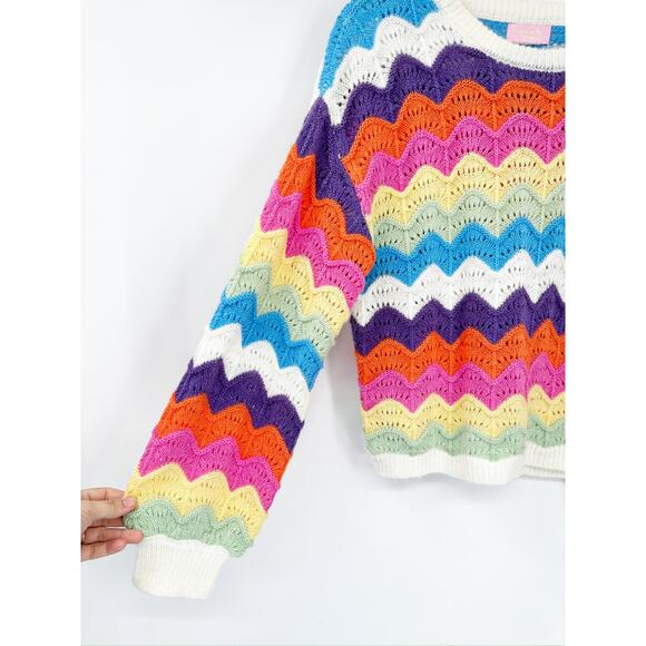 Sincerely Ours Over The Rainbow Multicolor Scalloped Knit Crewneck Sweater - Picture 2 of 4